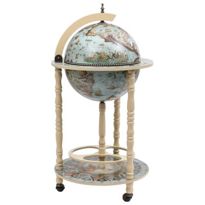 Verrijdbare Klassieke Globebar - Witte Globe met Blauwe Zeeën op Houten Frame