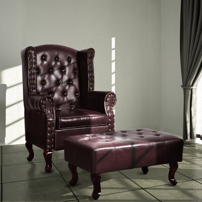 Chesterfield Fauteuil met Voetenbank - Antiek Bruin Kunstleer