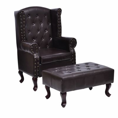 Chesterfield Fauteuil met Voetenbank - Antiek Bruin Kunstleer