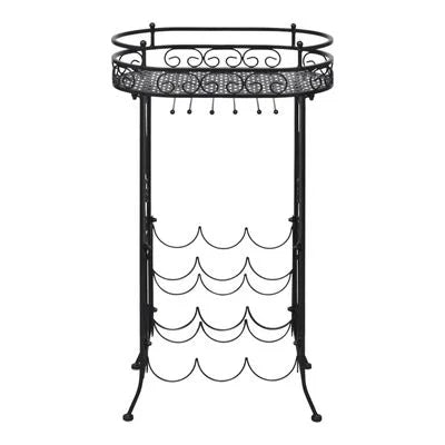 Wijnrek voor 9 Flessen met Tafel en Glazenhouder - Smeedijzer, Zwart