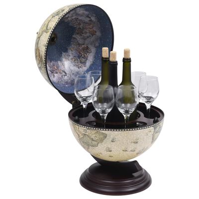 Klassieke Globebar Tafelmodel - Witte Globe met Houten Voet en Blauwe Fresco's