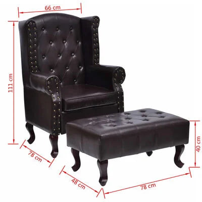 Chesterfield Fauteuil met Voetenbank - Antiek Bruin Kunstleer